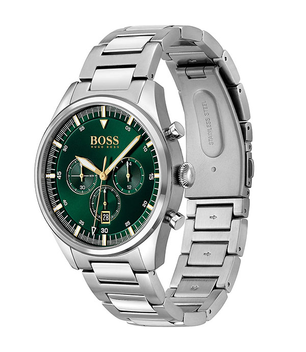 Hugo Boss Pioneer Silver Stål grön urtavla 44mm Herrklocka 1513868