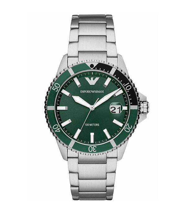 Emporio Armani Diver Silver Stål grön urtavla 42mm Herrklocka AR11338