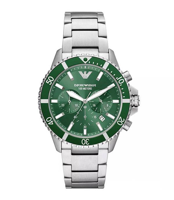 Emporio Armani Diver Silver Stål grön urtavla 43mm Herrklocka AR11500
