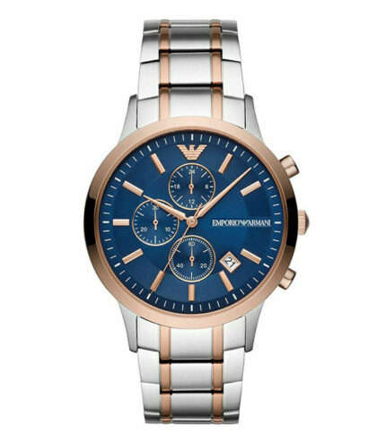 Emporio Armani Renato Silver/Roséguld Stål blå urtavla 43mm Herrklocka AR80025
