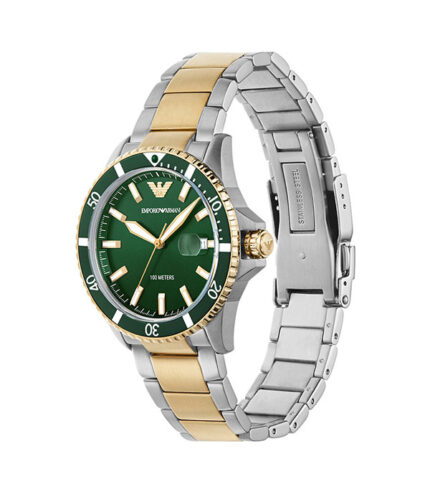 Emporio Armani Diver Silver/Guld Stål grön urtavla 42mm Herrklocka AR80063